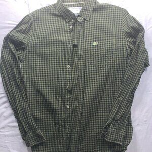Lacoste Shirt Mens Small Green Gingham Check Regular Fit Cotton Button Up